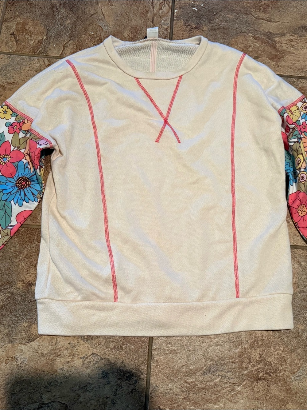 7th Ray Cream Pullover with Pink Contrast and Floral Sleeves